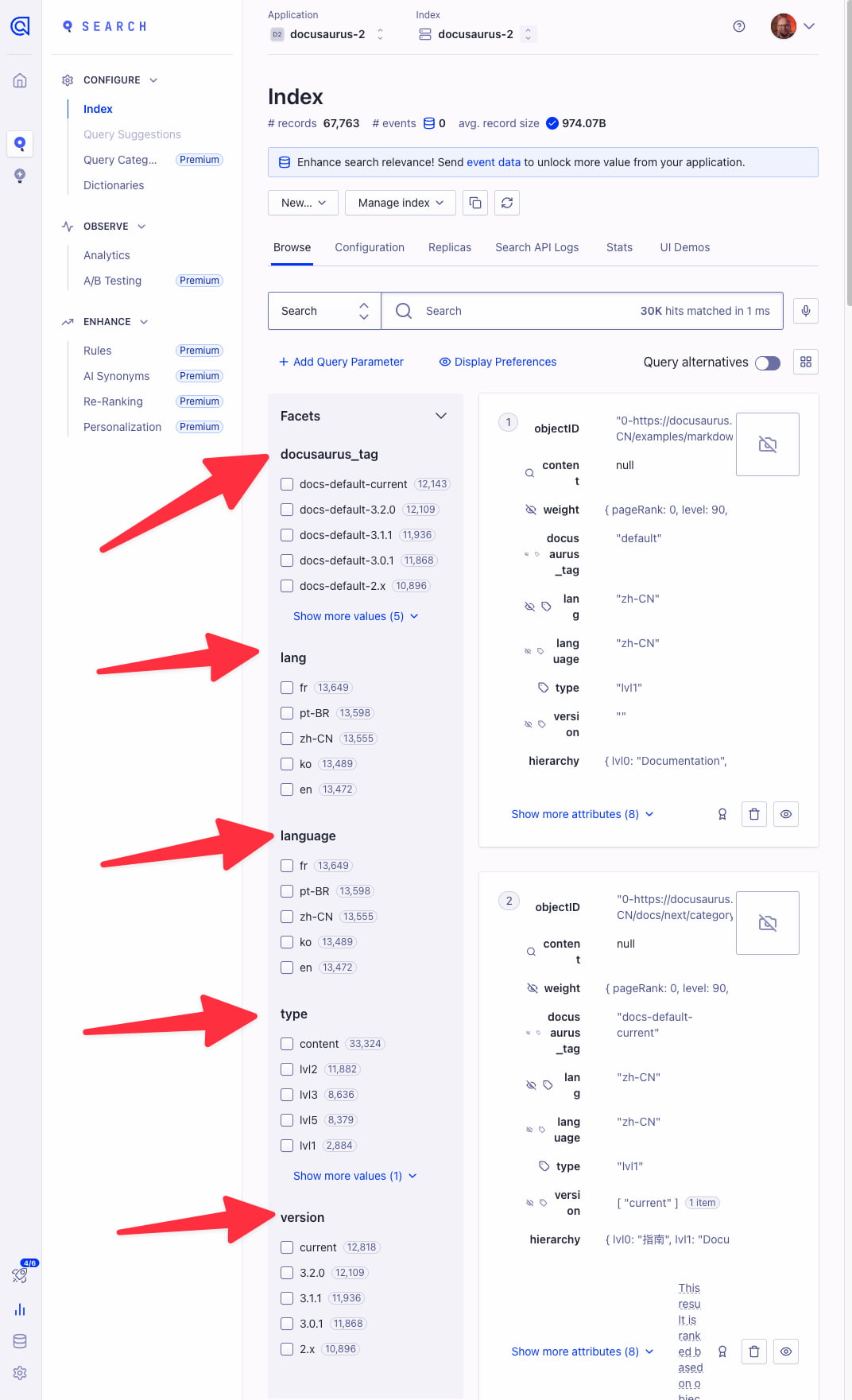 Algolia 索引显示适当的分面字段